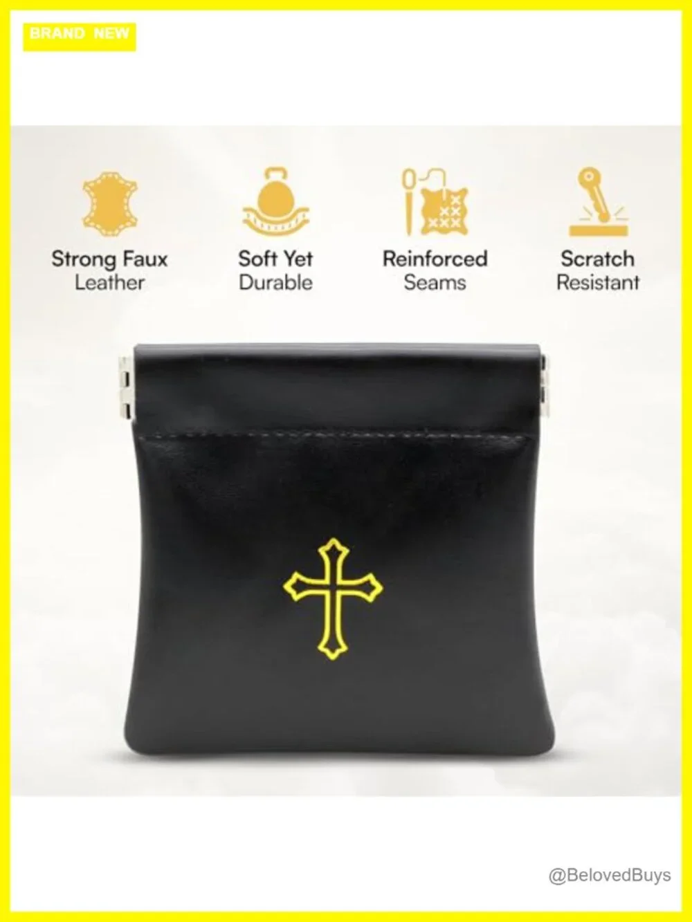 Faux Leather Rosary Pouch with Cross Imprint - Squeeze Top Case for Prayer